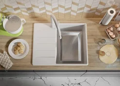 PRIMAGRAN Evier Cuisine en Granit Tout Blanc 62x50cm, Lavabo 1 bac + Accessoires, Évier à Encastrer au meuble 45cm