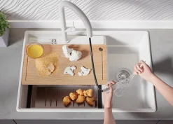 PRIMAGRAN Evier Cuisine en Granit Blanc 78x53cm, Lavabo 2 bacs + Kit de Vidage + Accessoires, Évier à Encastrer au meuble 80cm