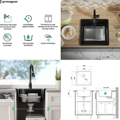 PRIMAGRAN Evier Cuisine en Granit Blanc 46x44cm, Lavabo 1 bac + Kit de Vidage + Accessoires, Évier à Encastrer au meuble 50cm