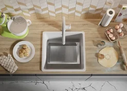 PRIMAGRAN Evier Cuisine en Granit Blanc 46x44cm, Lavabo 1 bac + Kit de Vidage + Accessoires, Évier à Encastrer au meuble 50cm