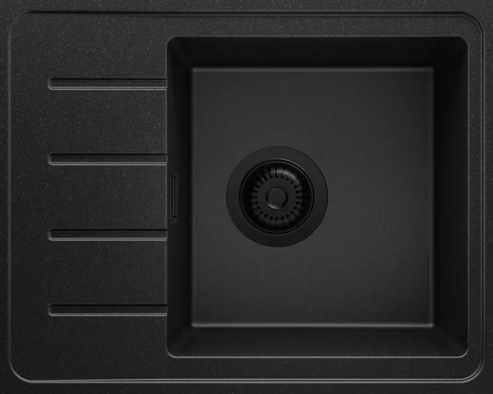 PRIMAGRAN Evier Cuisine en Granit Tout Noir 55x44cm, Lavabo 1 bac + Kit de Vidage + Accessoires, Évier à Encastrer au meuble 45cm