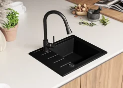 PRIMAGRAN Evier Cuisine en Granit Tout Noir 55x44cm, Lavabo 1 bac + Kit de Vidage + Accessoires, Évier à Encastrer au meuble 45cm