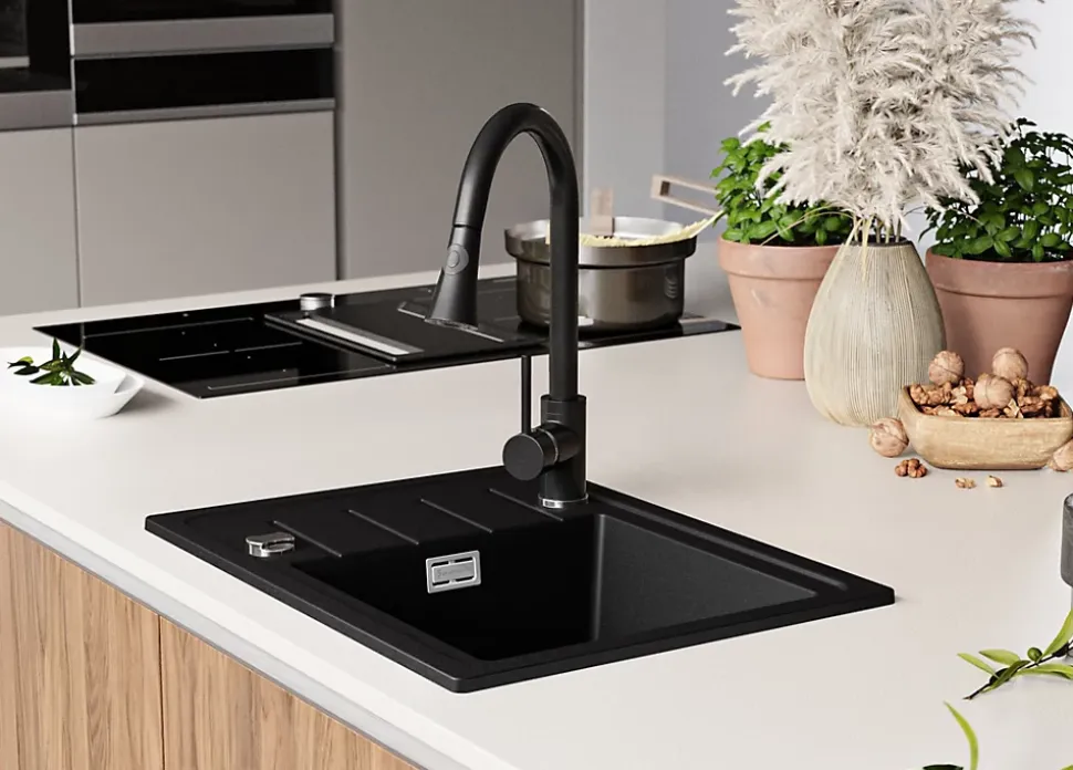 PRIMAGRAN Evier Cuisine en Granit Tout Noir 55x44cm, Lavabo 1 bac + Kit de Vidage + Accessoires, Évier à Encastrer au meuble 45cm