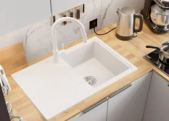PRIMAGRAN Evier Cuisine en Granit Blanc 78x50cm, Lavabo 1 bac + Kit de Vidage, Évier à Encastrer au meuble 45cm - Milan