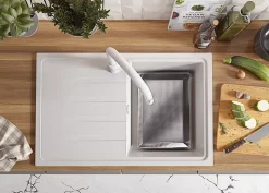 PRIMAGRAN Evier Cuisine en Granit Blanc 78x50cm, Lavabo 1 bac + Kit de Vidage, Évier à Encastrer au meuble 45cm - Milan