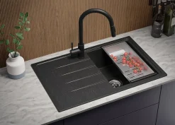 PRIMAGRAN Evier Cuisine en Granit Graphite 78x50cm, Lavabo 1 bac + Kit de Vidage, Évier à Encastrer au meuble 45cm - Milan