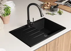 PRIMAGRAN Evier Cuisine en Granit Graphite 78x50cm, Lavabo 1 bac + Kit de Vidage, Évier à Encastrer au meuble 45cm - Milan
