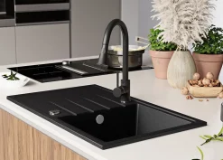 PRIMAGRAN Evier Cuisine en Granit Graphite 78x50cm, Lavabo 1 bac + Kit de Vidage, Évier à Encastrer au meuble 45cm - Milan