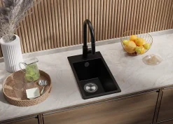 PRIMAGRAN Evier Cuisine en Granit Tout Noir 28x50cm, Lavabo 1 bac + Kit de Vidage, Évier à Encastrer au meuble 30cm - Riga
