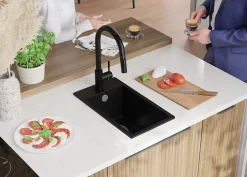 PRIMAGRAN Evier Cuisine en Granit Tout Noir 28x50cm, Lavabo 1 bac + Kit de Vidage, Évier à Encastrer au meuble 30cm - Riga