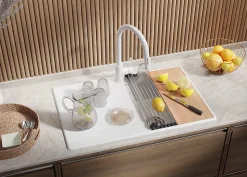 PRIMAGRAN Evier Cuisine en Granit Tout Blanc 78x50cm, Lavabo 1 bac + Accessoires, Évier à Encastrer au meuble 45cm