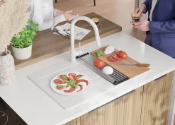 PRIMAGRAN Evier Cuisine en Granit Tout Blanc 78x50cm, Lavabo 1 bac + Accessoires, Évier à Encastrer au meuble 45cm