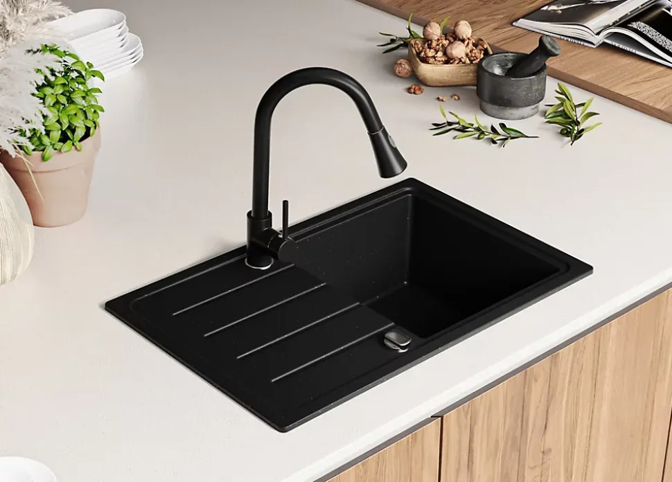 PRIMAGRAN Evier Cuisine en Granit Noir Métallisé 70x44cm, Lavabo 1 bac + Accessoires, Évier à Encastrer au meuble 45cm