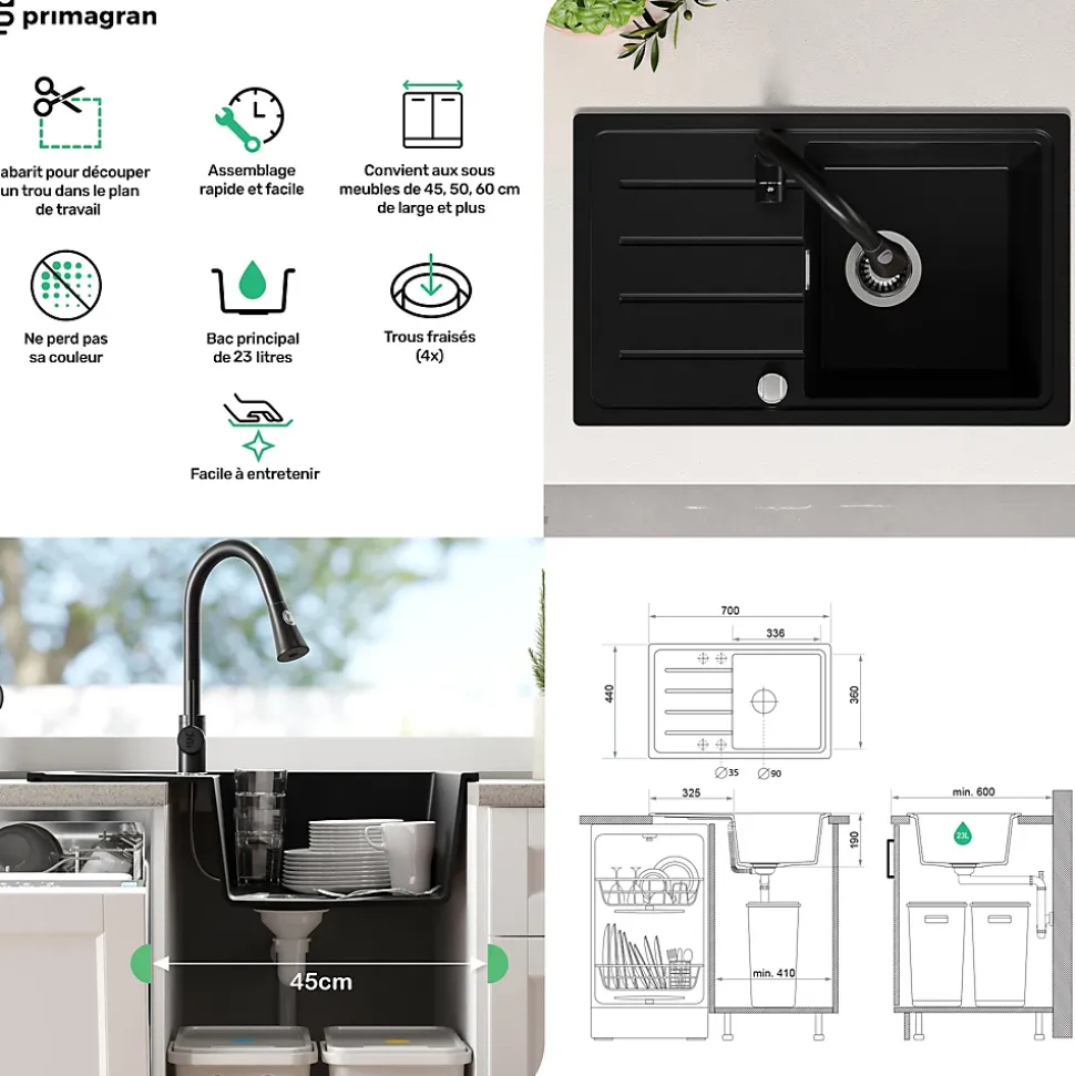 PRIMAGRAN Evier Cuisine en Granit Noir Métallisé 70x44cm, Lavabo 1 bac + Accessoires, Évier à Encastrer au meuble 45cm