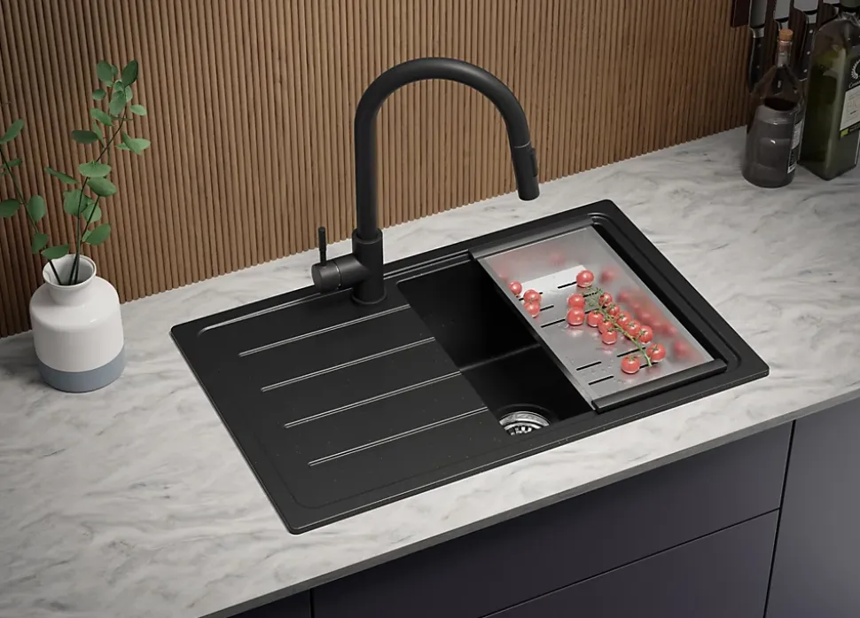 PRIMAGRAN Evier Cuisine en Granit Noir Métallisé 70x44cm, Lavabo 1 bac + Accessoires, Évier à Encastrer au meuble 45cm