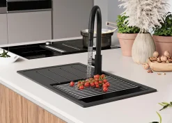 PRIMAGRAN Evier Cuisine en Granit Noir Métallisé 70x44cm, Lavabo 1 bac + Accessoires, Évier à Encastrer au meuble 45cm