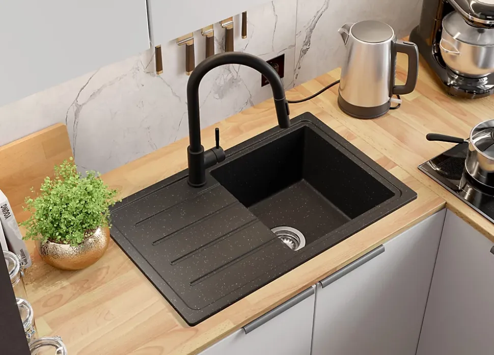 PRIMAGRAN Evier Cuisine en Granit Noir Métallisé 70x44cm, Lavabo 1 bac + Accessoires, Évier à Encastrer au meuble 45cm