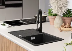 PRIMAGRAN Evier Cuisine en Granit Noir Métallisé 70x44cm, Lavabo 1 bac + Accessoires, Évier à Encastrer au meuble 45cm