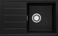PRIMAGRAN Evier Cuisine en Granit Noir Métallisé 70x44cm, Lavabo 1 bac + Accessoires, Évier à Encastrer au meuble 45cm