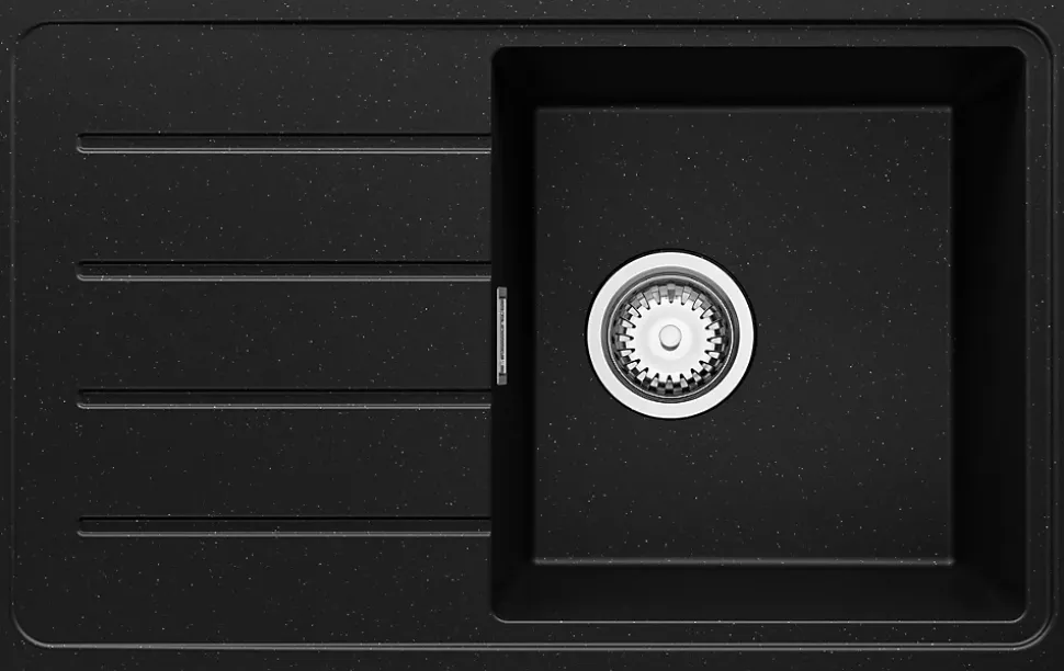 PRIMAGRAN Evier Cuisine en Granit Noir Métallisé 70x44cm, Lavabo 1 bac + Accessoires, Évier à Encastrer au meuble 45cm