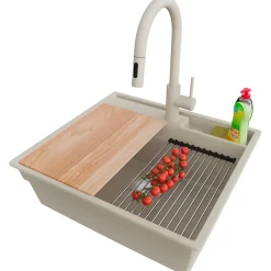 PRIMAGRAN Evier Cuisine en Granit Beige 58x53cm, Lavabo 1 bac + Kit de Vidage + Accessoires, Évier à Encastrer au meuble 60cm