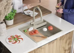 PRIMAGRAN Evier Cuisine en Granit Beige 58x53cm, Lavabo 1 bac + Kit de Vidage + Accessoires, Évier à Encastrer au meuble 60cm