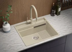 PRIMAGRAN Evier Cuisine en Granit Beige 58x53cm, Lavabo 1 bac + Kit de Vidage + Accessoires, Évier à Encastrer au meuble 60cm