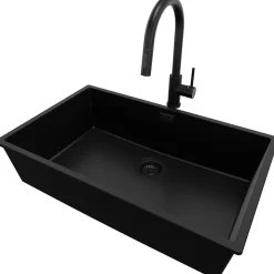 PRIMAGRAN Evier Cuisine en Granit Tout Noir 76x47cm, Lavabo 1 bac + Kit de Vidage + Accessoires, Évier à Encastrer au meuble 80cm
