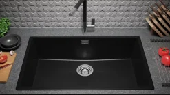 PRIMAGRAN Evier Cuisine en Granit Tout Noir 76x47cm, Lavabo 1 bac + Kit de Vidage + Accessoires, Évier à Encastrer au meuble 80cm