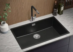 PRIMAGRAN Evier Cuisine en Granit Tout Noir 76x47cm, Lavabo 1 bac + Kit de Vidage + Accessoires, Évier à Encastrer au meuble 80cm