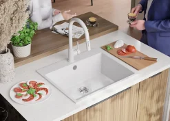 PRIMAGRAN Evier Cuisine en Granit Blanc 58x50cm, Lavabo 1 bac + Kit de Vidage, Évier à Encastrer au meuble 60cm - Riga