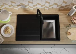 PRIMAGRAN Evier Cuisine en Granit Noir 78x50cm, Lavabo 1 bac + Kit de Vidage + Accessoires, Évier à Encastrer au meuble 45cm