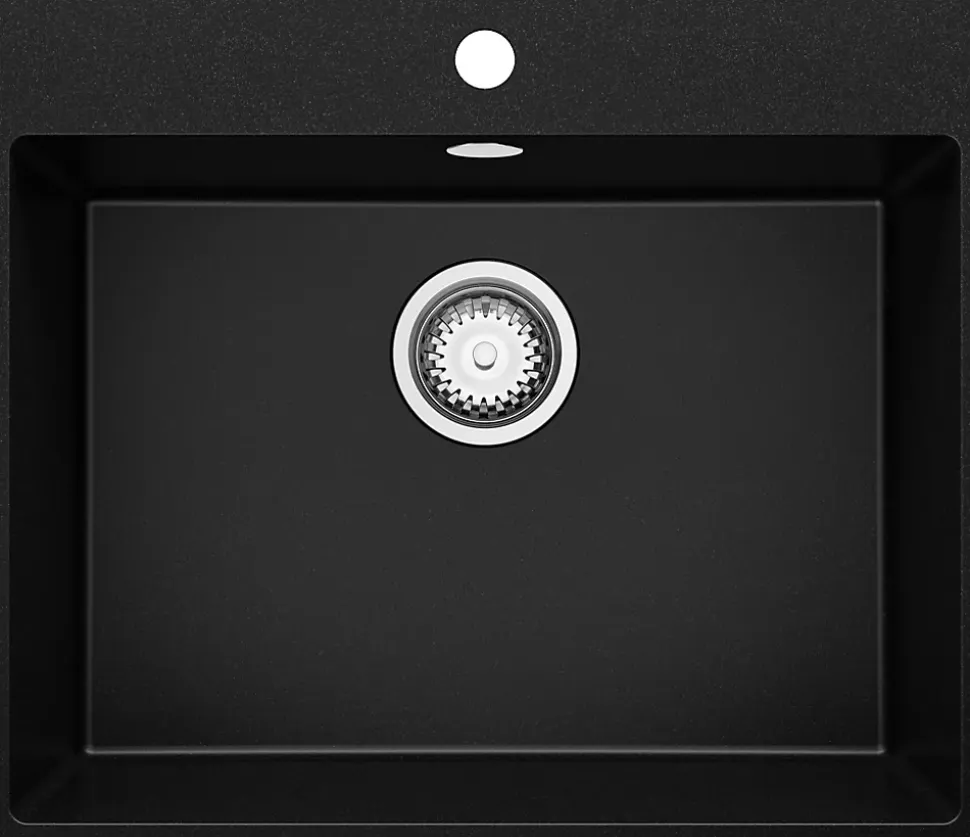 PRIMAGRAN Evier Cuisine en Granit Noir 58x50cm, Lavabo 1 bac + Kit de Vidage, Évier à Encastrer au meuble 60cm - Riga
