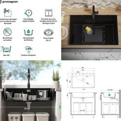 PRIMAGRAN Evier Cuisine en Granit Noir 78x50cm, Lavabo 1 bac + Kit de Vidage, Évier à Encastrer au meuble 80cm - Riga