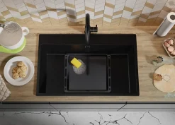 PRIMAGRAN Evier Cuisine en Granit Noir 78x50cm, Lavabo 1 bac + Kit de Vidage, Évier à Encastrer au meuble 80cm - Riga