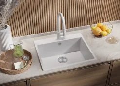 PRIMAGRAN Evier Cuisine en Granit Blanc 58x50cm, Lavabo 1 bac + Kit de Vidage, Évier à Encastrer au meuble 60cm - Riga