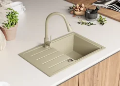 PRIMAGRAN Evier Cuisine en Granit Beige 70x44cm, Lavabo 1 bac + Kit de Vidage + Accessoires, Évier à Encastrer au meuble 45cm