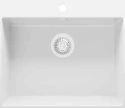 PRIMAGRAN Evier Cuisine en Granit Tout Blanc 58x50cm, Lavabo 1 bac + Kit de Vidage, Évier à Encastrer au meuble 60cm - Riga