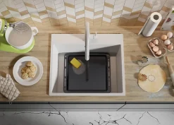 PRIMAGRAN Evier Cuisine en Granit Tout Blanc 58x50cm, Lavabo 1 bac + Kit de Vidage, Évier à Encastrer au meuble 60cm - Riga