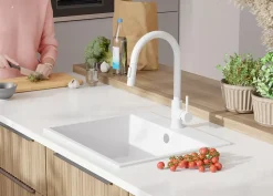 PRIMAGRAN Evier Cuisine en Granit Tout Blanc 58x50cm, Lavabo 1 bac + Kit de Vidage, Évier à Encastrer au meuble 60cm - Riga