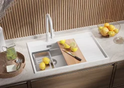 PRIMAGRAN Evier Cuisine en Granit Blanc 78x50cm, Lavabo 1 bac + Kit de Vidage + Accessoires, Évier à Encastrer au meuble 50cm