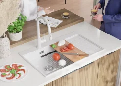 PRIMAGRAN Evier Cuisine en Granit Blanc 78x50cm, Lavabo 1 bac + Kit de Vidage + Accessoires, Évier à Encastrer au meuble 50cm