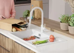 PRIMAGRAN Evier Cuisine en Granit Blanc 78x50cm, Lavabo 1 bac + Kit de Vidage + Accessoires, Évier à Encastrer au meuble 50cm