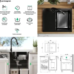 PRIMAGRAN Evier Cuisine en Granit Noir 62x50cm, Lavabo 1 bac + Kit de Vidage + Accessoires, Évier à Encastrer au meuble 40cm