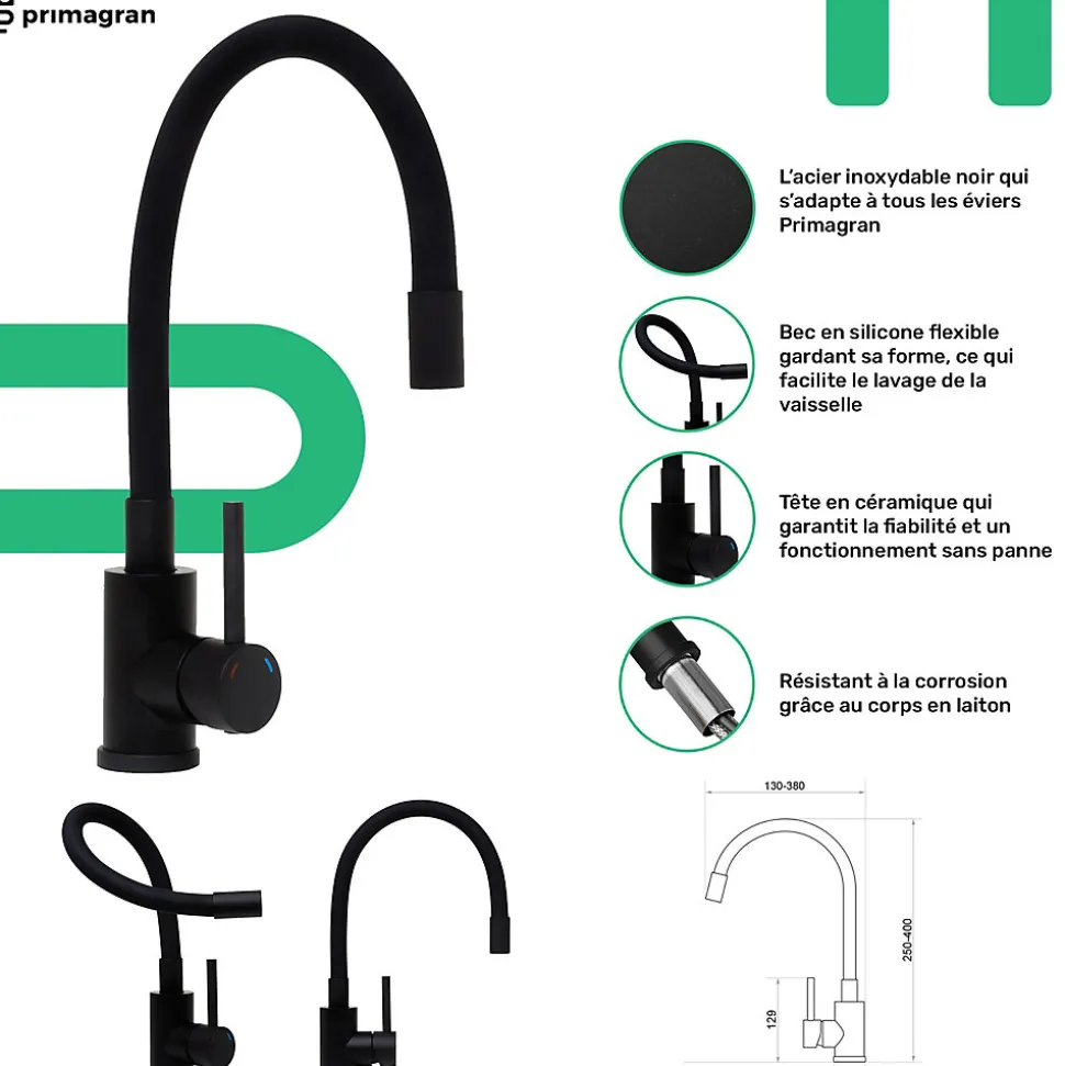 PRIMAGRAN Evier Cuisine en Granit Noir 62x50cm, Lavabo 1 bac + Kit de Vidage + Accessoires, Évier à Encastrer au meuble 40cm