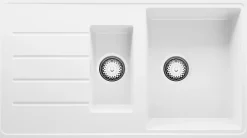 PRIMAGRAN Evier Cuisine en Granit Blanc 90x50cm, Lavabo 1,5 bacs + Kit de Vidage + Accessoires, Évier à Encastrer au meuble 60cm