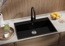 PRIMAGRAN Evier Cuisine en Granit Tout Noir 78x50cm, Lavabo 1 bac + Kit de Vidage, Évier à Encastrer au meuble 80cm - Riga