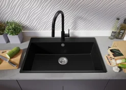PRIMAGRAN Evier Cuisine en Granit Tout Noir 78x50cm, Lavabo 1 bac + Kit de Vidage, Évier à Encastrer au meuble 80cm - Riga