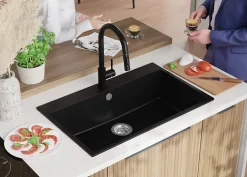 PRIMAGRAN Evier Cuisine en Granit Tout Noir 78x50cm, Lavabo 1 bac + Kit de Vidage, Évier à Encastrer au meuble 80cm - Riga