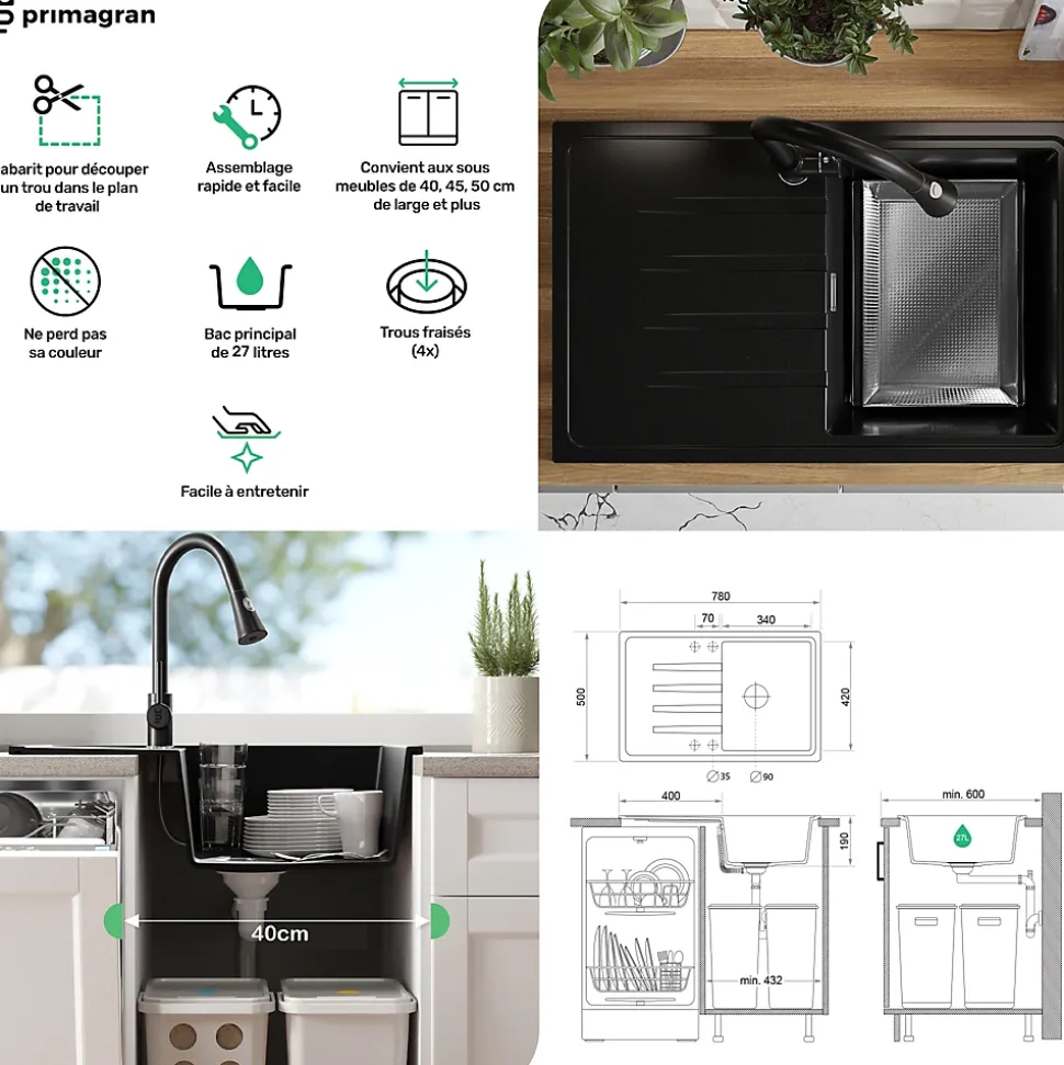 PRIMAGRAN Evier Cuisine en Granit Gris 78x50cm, Lavabo 1 bac + Kit de Vidage, Évier à Encastrer au meuble 45cm - Milan
